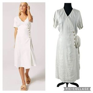 NWT Alp N Rock Thalia Wrap Linen Blend Midi Dress White Brown M